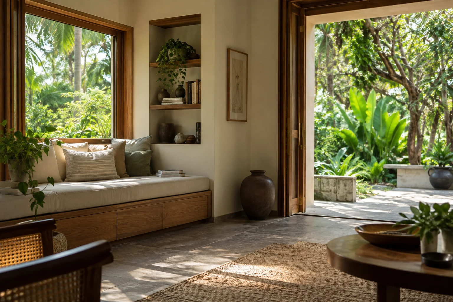 A welcoming window seat, warm natural materials and a garden view