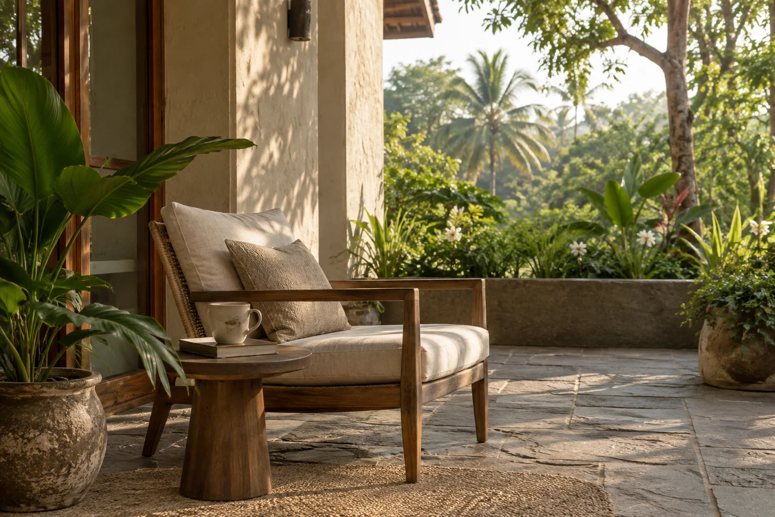 A shaded courtyard opening to a lush tropical garden