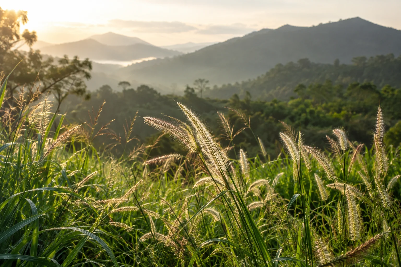 Warm morning light through native grasses