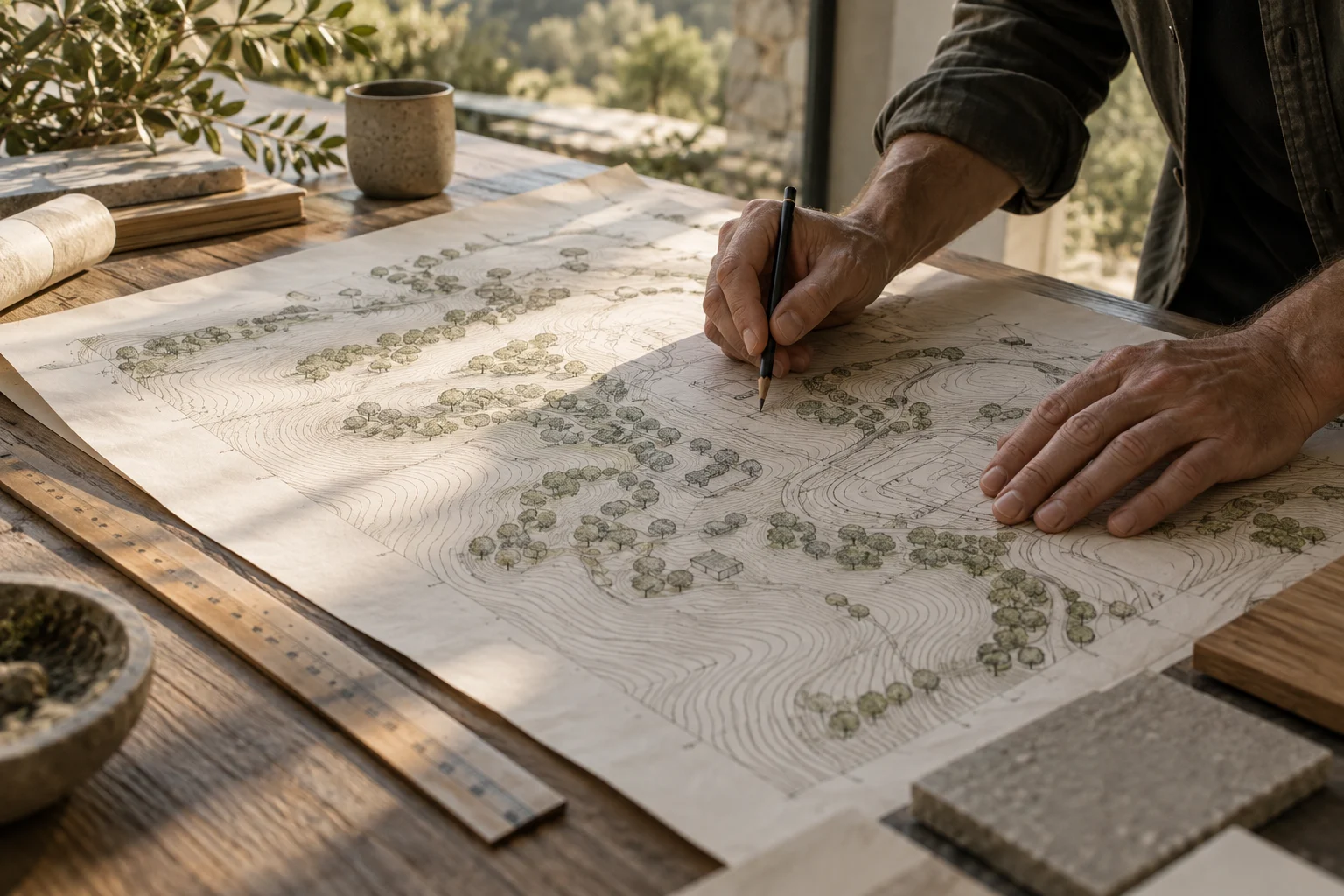 Hands studying a landscape-led architectural site plan
