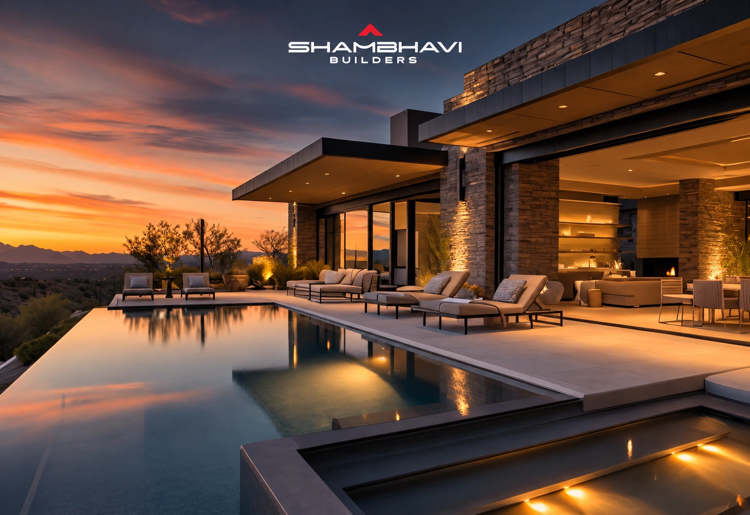 Shambhavi Builders — a conceptual sunset architectural scene with a reflecting pool